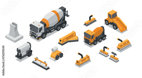 Isometric construction vehicles and equipment set on white background