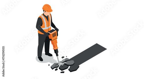 Construction worker using jackhammer in isometric style for roadwork illustration