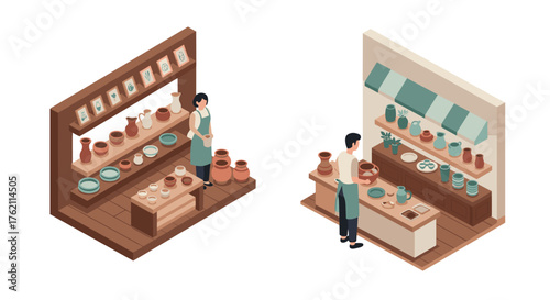 Isometric pottery shop scene with artisans and ceramics
