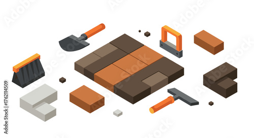 Isometric construction tools and bricks with minimalist design