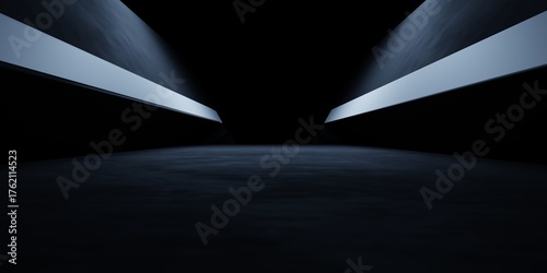 Fototapeta Naklejka Na Ścianę i Meble -  3d rendering of spaceship corridor hallway dark background. Scene for advertising, showroom, technology, future, modern, E sport, game, garage. Sci Fi Illustration. Product display