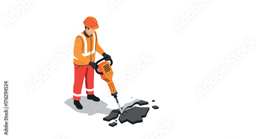 Construction worker using pneumatic drill on pavement in flat style