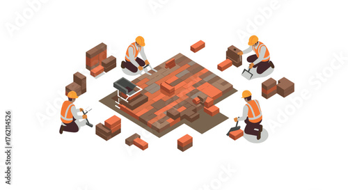 Isometric construction workers building brick wall together in uniform