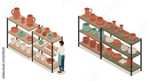 Isometric pottery shelves with various ceramic vessels and a potter arranging items