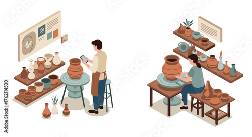Creative pottery workshop with craftsmen using modern technology