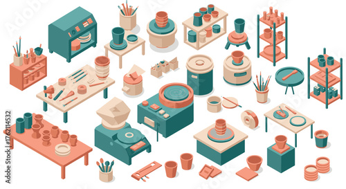 Modern isometric pottery workshop with tools and equipment in pastel colors