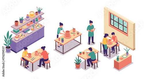 Isometric pottery workshop with people crafting and sculpting clay in class
