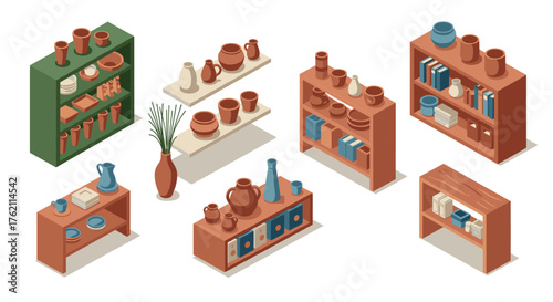Isometric ceramic pottery display on colorful shelves with books and plants