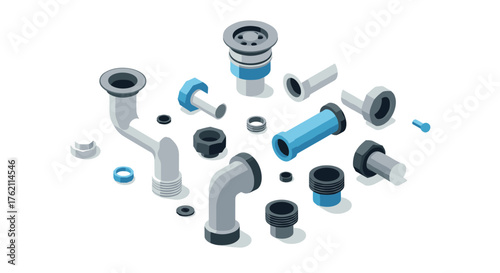 Isometric plumbing components set with pipes, fittings, and connectors