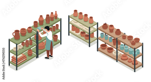 Isometric pottery workshop with shelves full of ceramics and potter