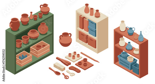 Isometric ceramic workshop with pottery and tools on shelves
