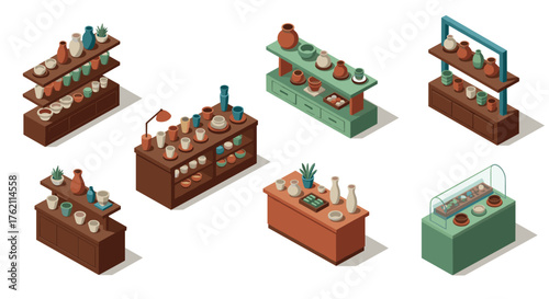 Isometric ceramic pottery displays on shelves for interior design and retail concepts