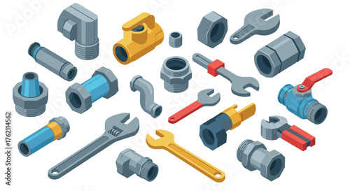 Isometric plumbing tools and pipe fittings collection on white background