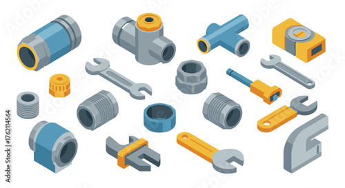 Isometric plumbing tools and fittings collection for construction projects