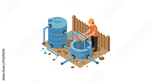 Isometric water well construction with worker and blue tank in action