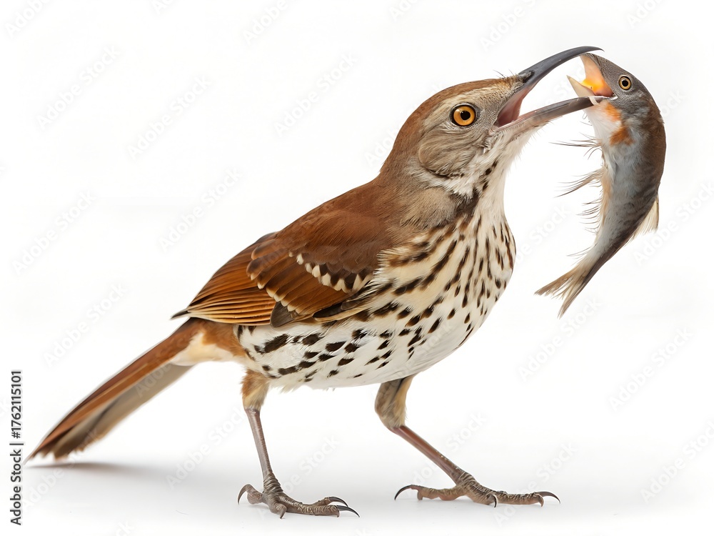 Fototapeta premium Brown Thrasher Catching Fish Isolated on White