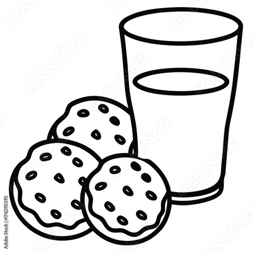 Simple line drawing of cookies and milk