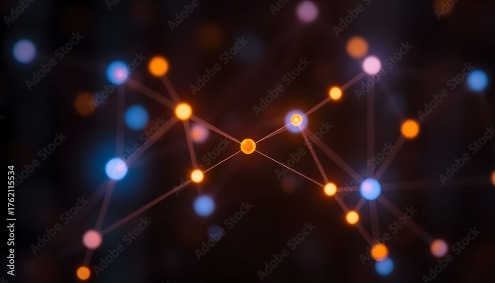 Fototapeta premium Abstract illustration of interconnected nodes, representing networks and data flow, with glowing orange and blue lights.