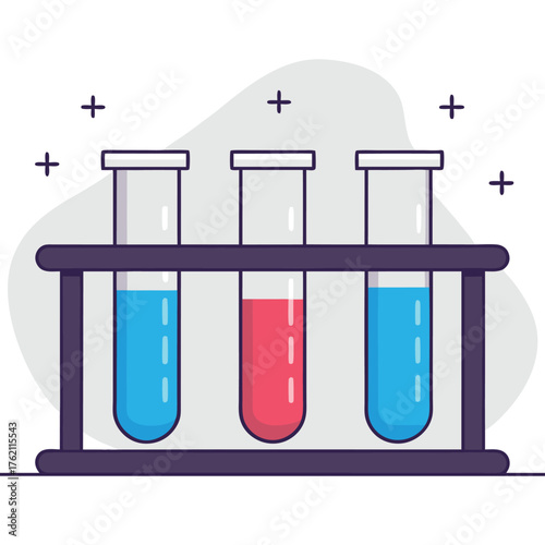 Three test tubes in a rack with colorful liquids
