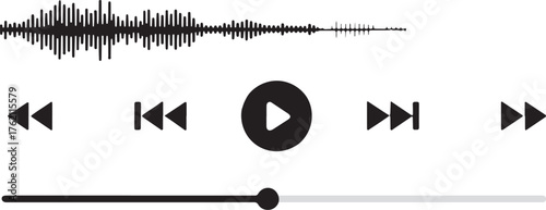 A sleek audio player interface features playback controls, including play, pause, rewind, and fast forward buttons, along with a waveform display and a progress bar
