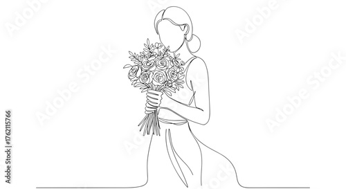 Continuous line drawing of a woman in a dress holding a bouquet of flowers in a minimalist style art