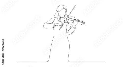A continuous line drawing of a woman playing the violin with a bow in a minimalist style design art