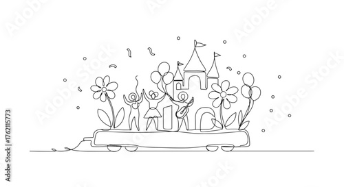 Continuous line drawing of a parade float with castle, flowers, balloons and people celebrating