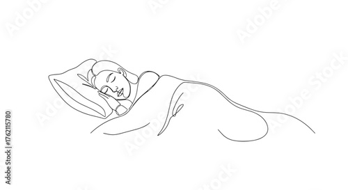 Line drawing depicting a woman sleeping peacefully in bed with a pillow and blanket in black and white
