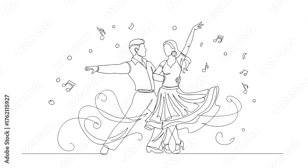Obraz premium Continuous line drawing of a dancing couple surrounded by musical notes and swirling lines design art