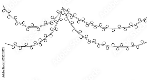 Illustration of two hanging strands of christmas lights with round bulbs in a simple black and white style
