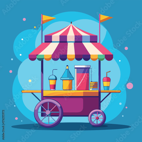 Whimsical food cart with colorful canopy and treats