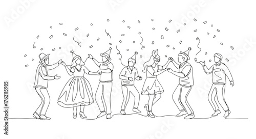 Line drawing of people celebrating with party hats and confetti in a festive atmosphere of joy and fun