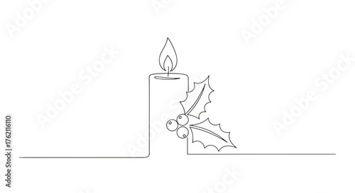 A single line drawing of a candle with a flame and holly berries on a white background in minimalist style