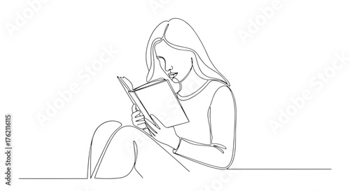 A simple line drawing of a woman sitting and reading a book with long hair and a relaxed posture view