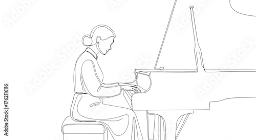 Woman playing piano in continuous line art style on a stool with a grand piano in black and white view