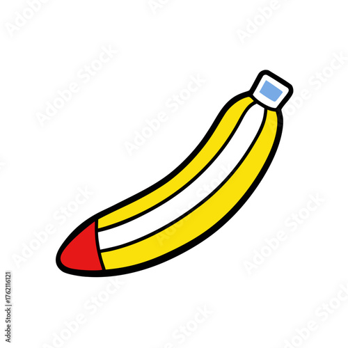 Stylized banana shaped pencil with red tip and blue eraser