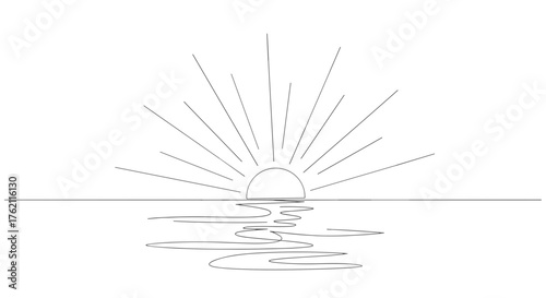 A minimalistic line drawing of a sunrise or sunset over water with light rays emanating upward