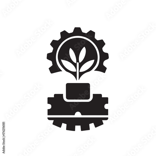 Abstract black silhouette of a growing plant inside a gear mechanism symbolizing sustainable industry and eco friendly manufacturing processes