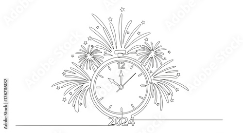 Clock showing almost twelve with fireworks and stars celebrating new year two thousand twenty four