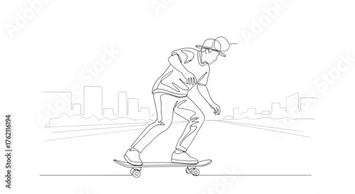 A continuous line drawing of a skateboarder in a hat riding through a city street with buildings around