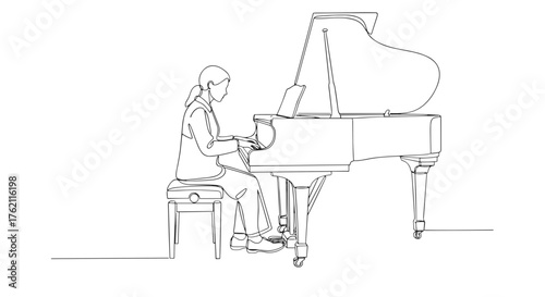 A continuous line drawing of a woman playing a grand piano on a stool in a minimalist style art