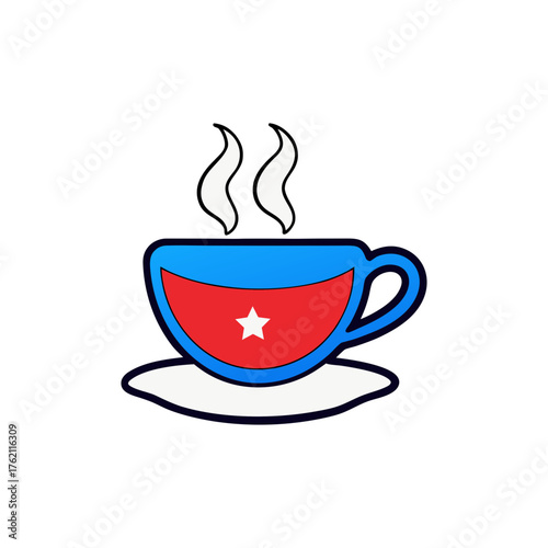 Hot cup of coffee with a star on a saucer with steam