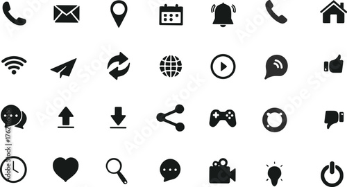 Comprehensive set of black universal UI icons for phone, mail, location, calendar, and more, ideal for apps, websites, and user interface design.