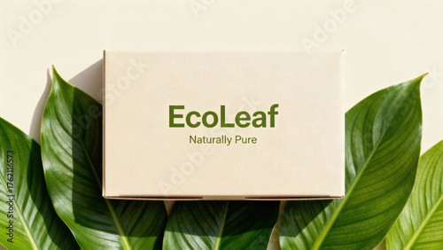 Eco friendly packaging box with green leaf design on natural background, symbolizing sustainable and pure product concept with fresh and clean aesthetic