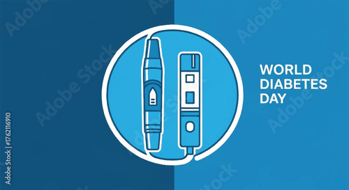 World Diabetes Day awareness graphic with glucometer and pen in a blue background
