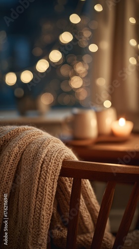 cozy wool blanket draped over a wooden chair in a warm living room with soft bokeh lights, concept of home decor for interior design and lifestyle brands