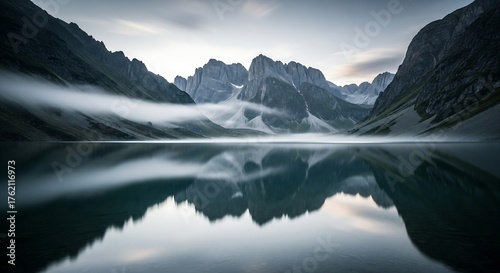 Serene mountain lake with mist and mirror reflection, generative ai
