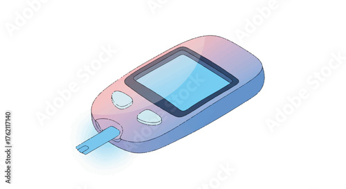 Illustration of a glucometer with a test strip on World Diabetes Day against a clean white background with a mix of pink and blue colors.
