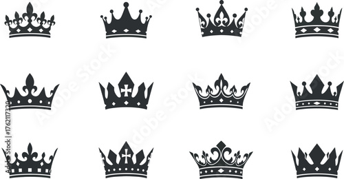 Collection of hand-drawn crown icons representing royalty power and luxury symbolizing leadership authority and regal status in a graphic set