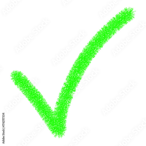 Green check mark drawn with brush and marker. Green doodle hand-drawn in crayon. Illustration of a green icon.